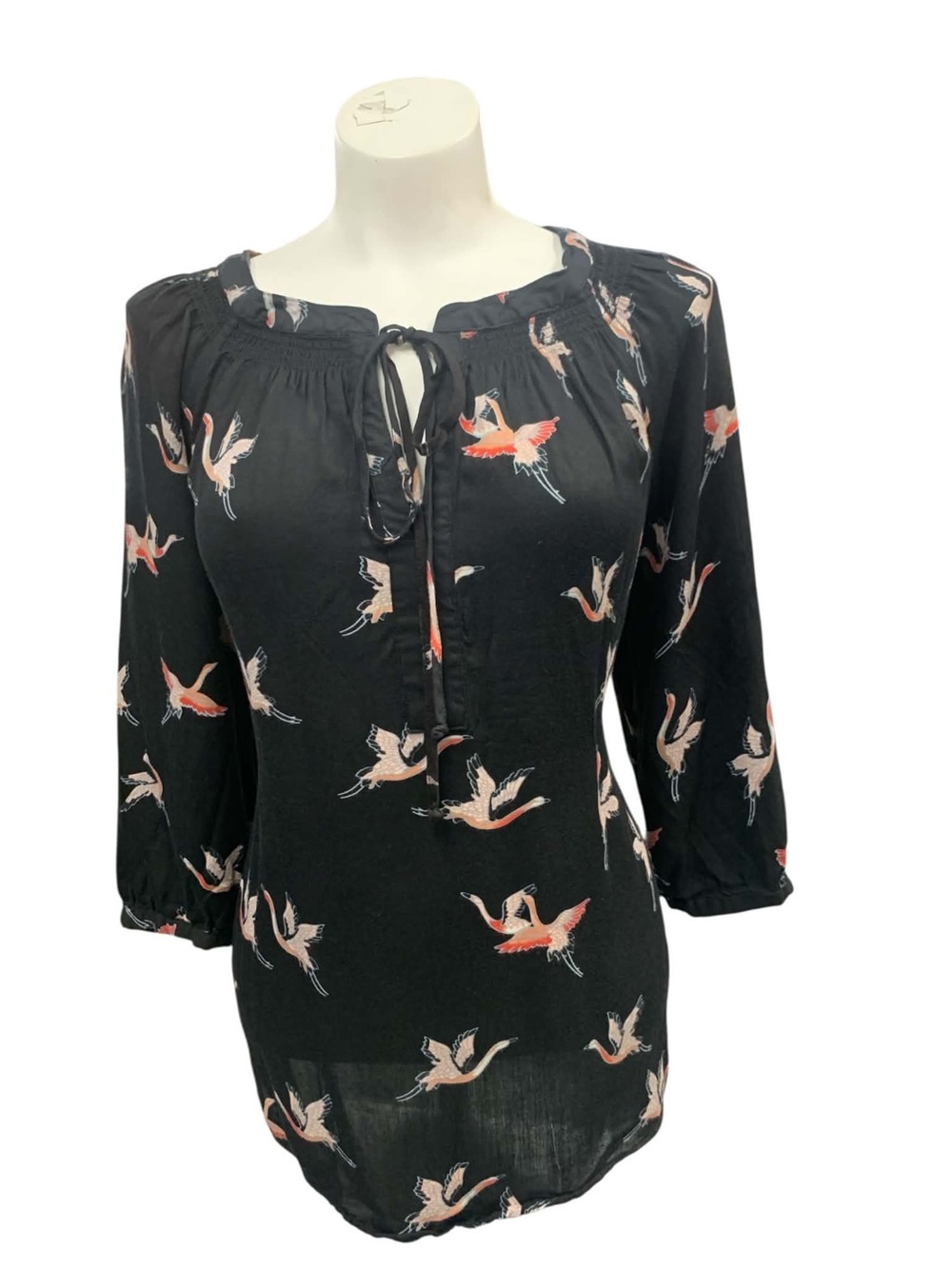 DR2 Black Bird-Print Tie-Neck Blouse Size M